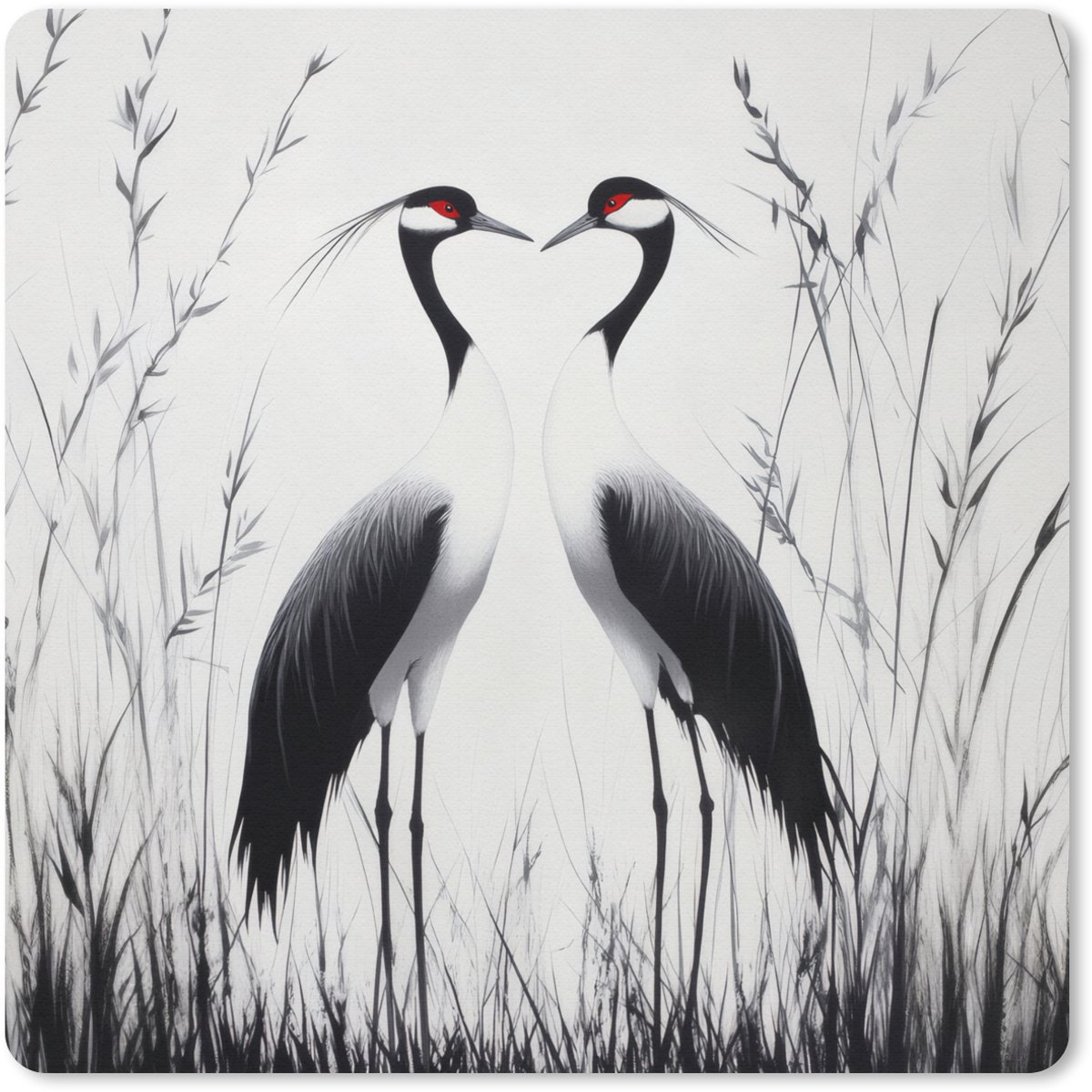 Muismat 20x20 cm - Mousepad Kraanvogels - Gras - Hartvorm - Zwart - Muismatten