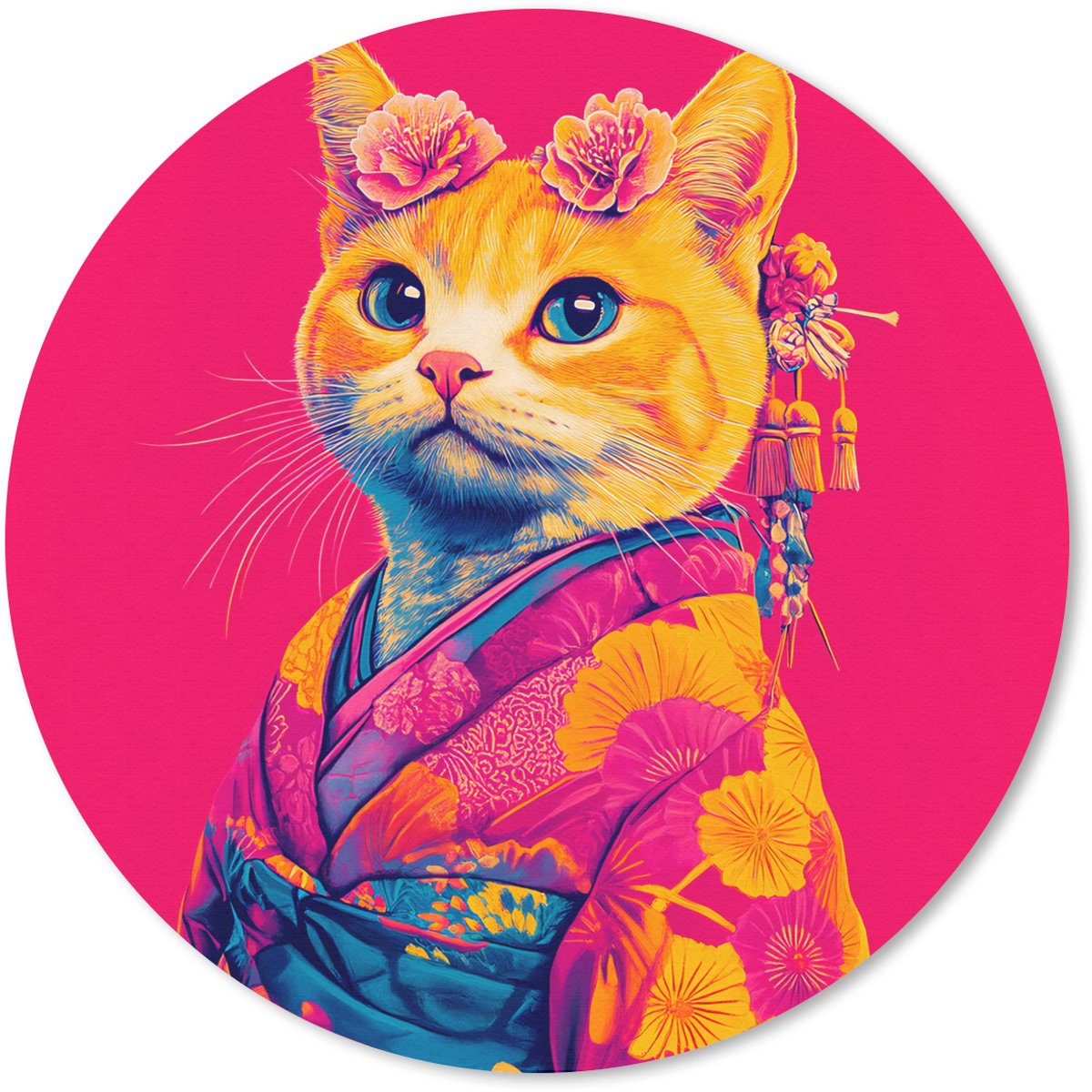 Muismat rond 30x30 cm - Mousepad Kat - Kimono - Bloemen - Roze - Ronde muismatten
