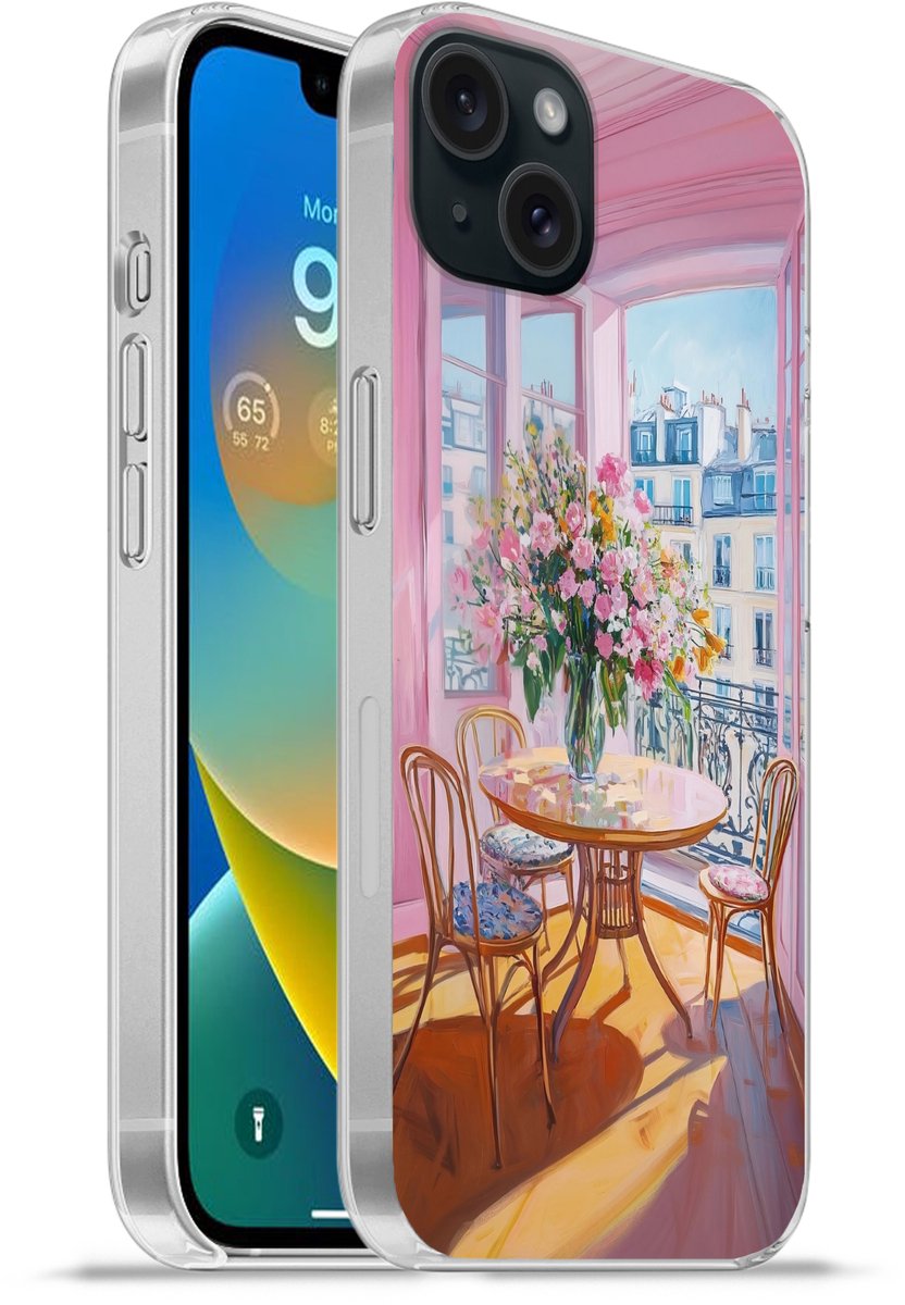 Telefoonhoesje Geschikt voor iPhone 15 Plus hoesje - Pink - City - Bloemen - Siliconen Telefoonhoesje Telefoonhoesje