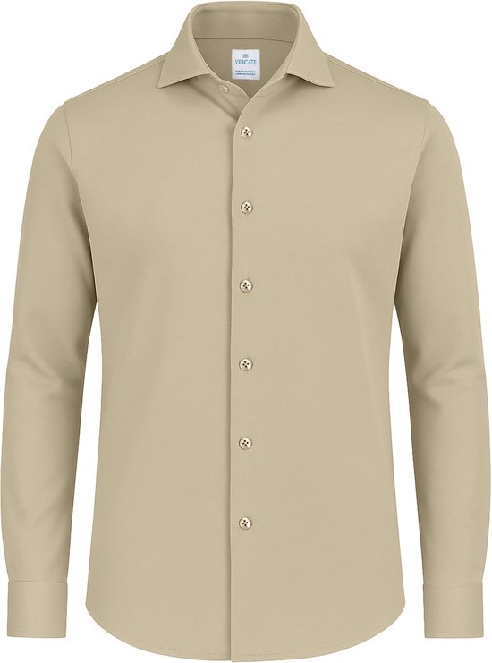 Vercate - Chemise sans repassage - Tricot japonais - Coton piqué - Beige/Marron clair - Slim Fit - Manches longues - Homme - Taille 44/XL