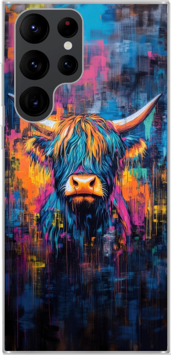 Telefoonhoesje Geschikt voor Samsung Galaxy S22 Ultra hoesje - Schotse Hooglander - Abstract - Kleurrijk - Siliconen Telefoonhoesje Telefoonhoesje