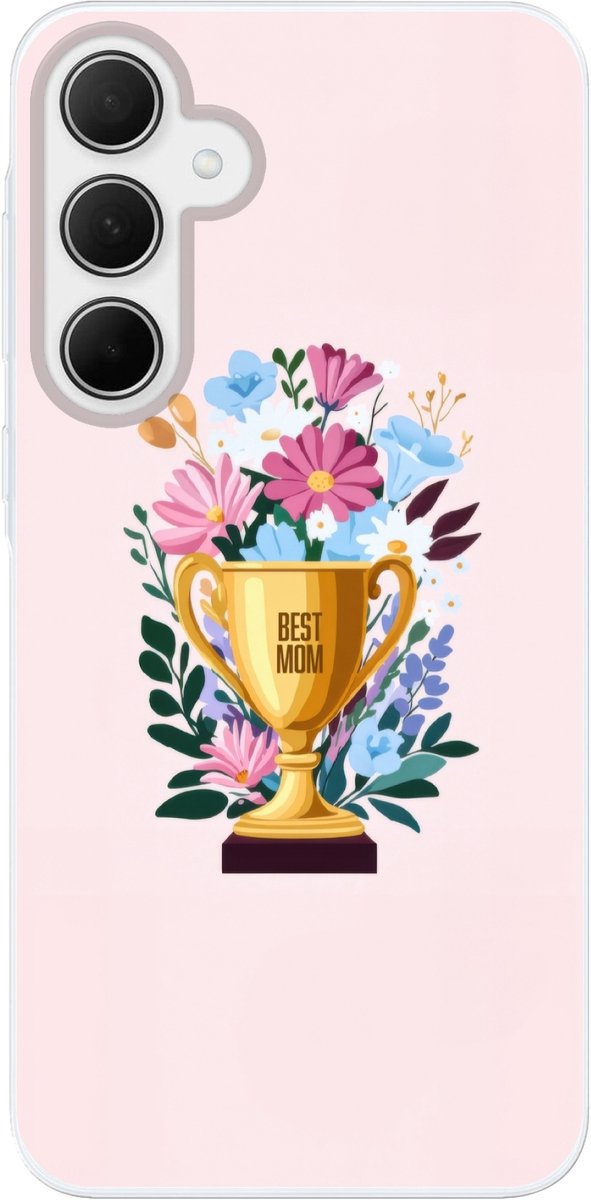 Telefoonhoesje Geschikt voor Samsung Galaxy A35 hoesje - Trofee - Best Mom - Bloemen - Kleurrijk - Siliconen Telefoonhoesje Telefoonhoesje