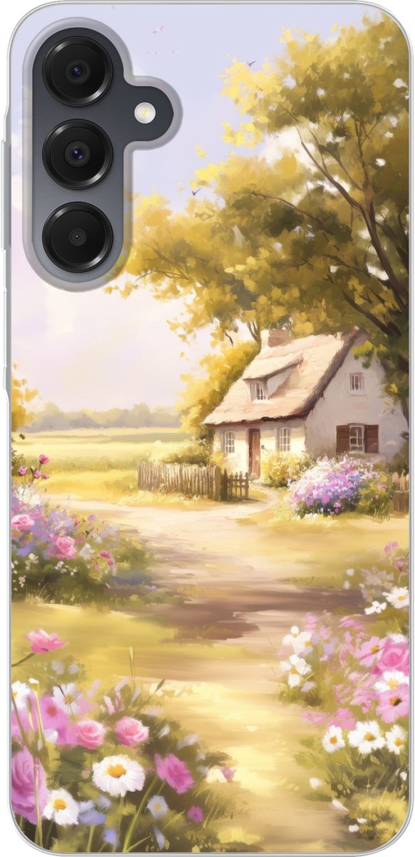 Telefoonhoesje Geschikt voor Samsung Galaxy A16 5G hoesje - Huisje - Hout - Bloemen - Siliconen Telefoonhoesje Telefoonhoesje
