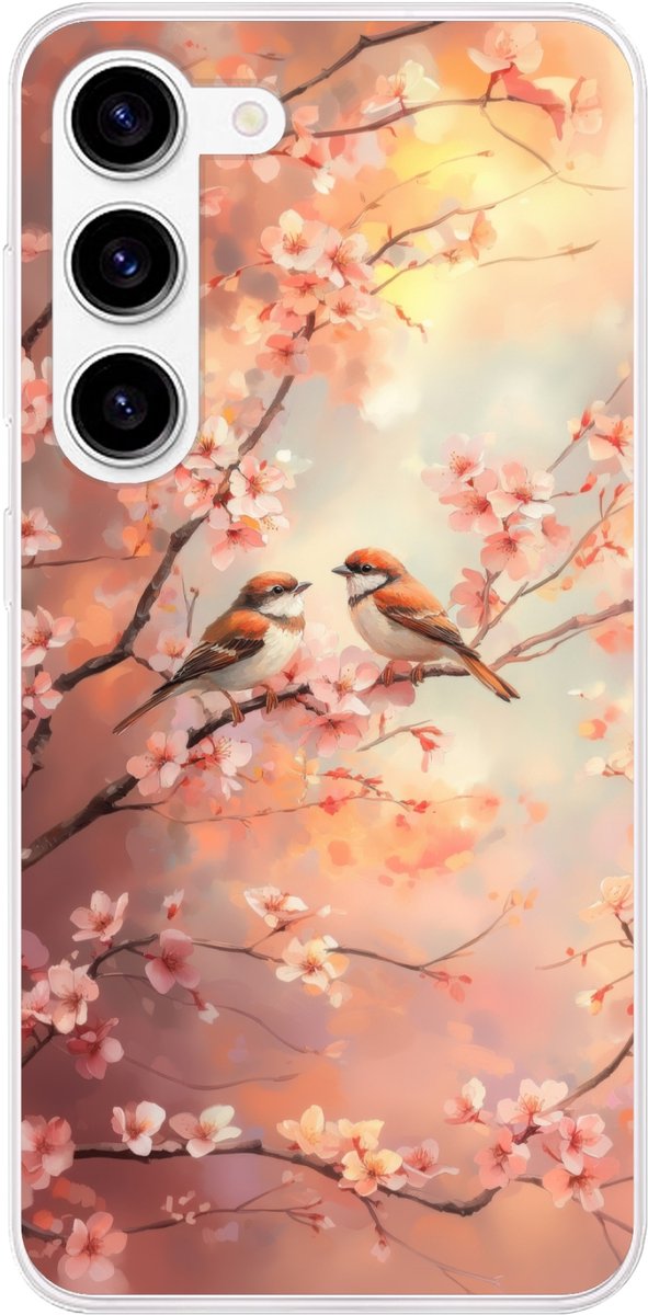 Telefoonhoesje Geschikt voor Samsung Galaxy S23 hoesje - Vogels - Romantic - Bloesemtak - Siliconen Telefoonhoesje Telefoonhoesje