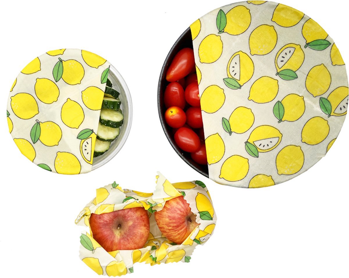 Bijenwas Wraps Set van 3 - Bijenwas Doeken - Citroenen - Beeswax Wraps - Herbruikbaar - Bee Wrap - Beewax - Bijenwasdoek - Zero Waste - Duurzaam - Food Wrap - Food Storage - Sustainable - Katoen - Cotton — cadeau in Kookcadeaus - foto 5