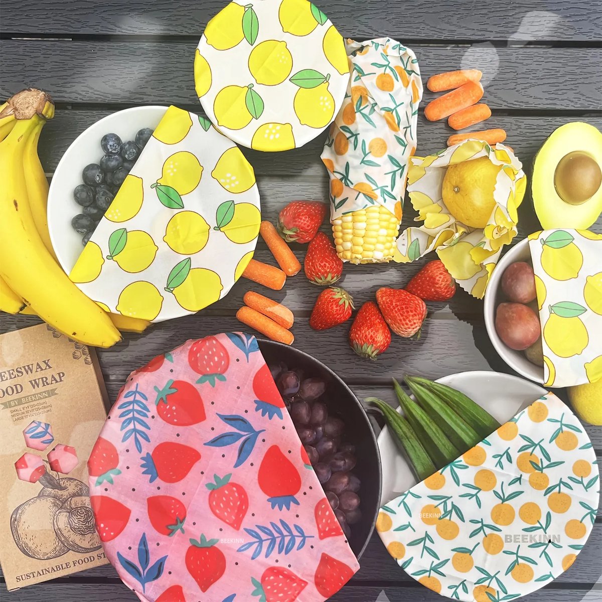 Bijenwas Wraps Set van 3 - Bijenwas Doeken - Citroenen - Beeswax Wraps - Herbruikbaar - Bee Wrap - Beewax - Bijenwasdoek - Zero Waste - Duurzaam - Food Wrap - Food Storage - Sustainable - Katoen - Cotton — cadeau in Kookcadeaus - foto 3