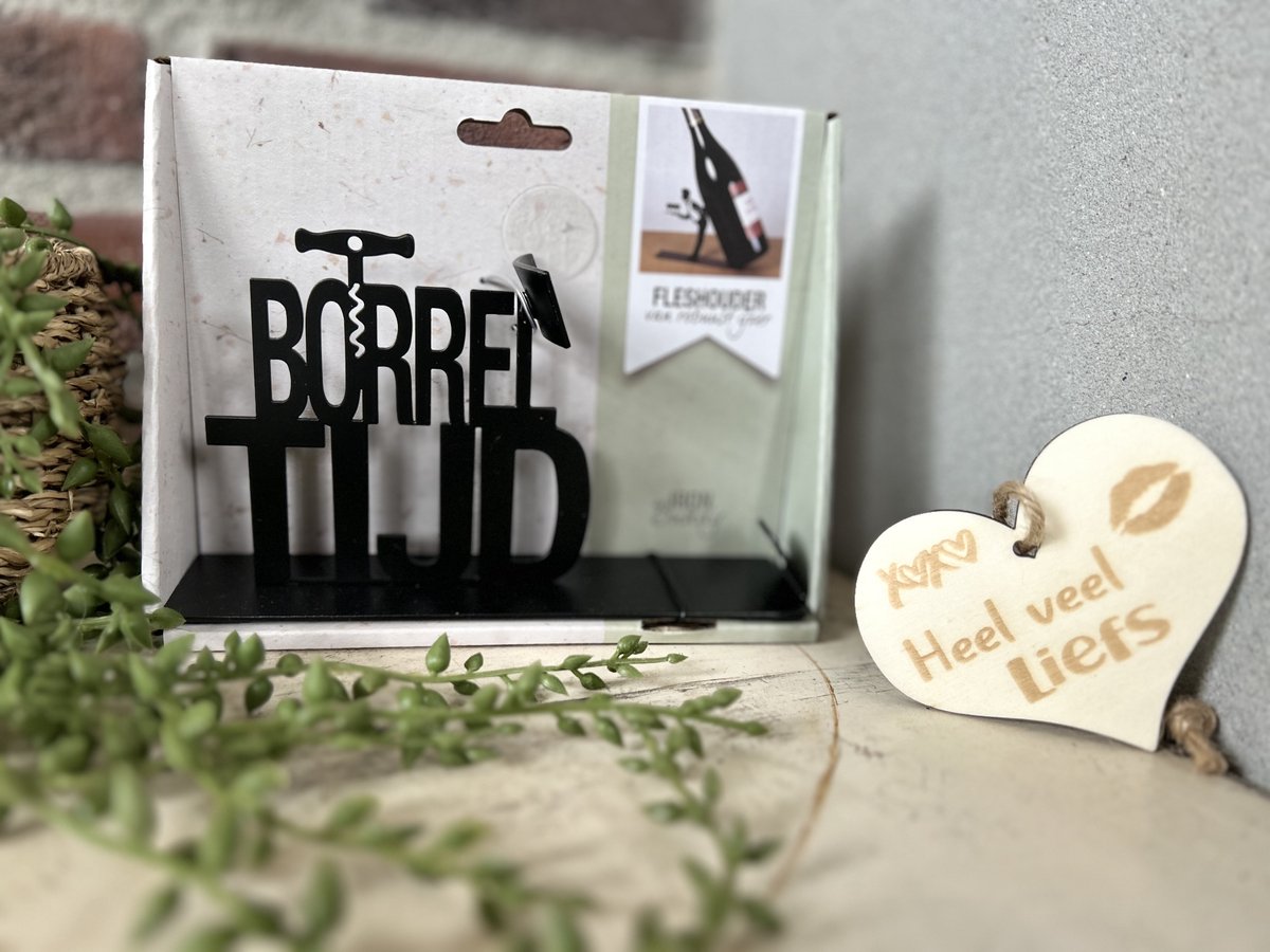 Creaties van Hier - Fleshouder met houten hartje - Wijn - Borreltijd - 17,2x4,4x13,5 cm