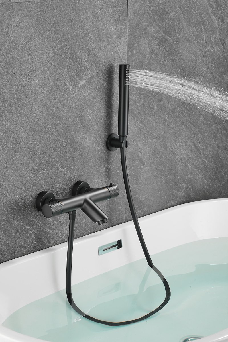 WEBO Oliver opbouw badkraan met handdouche complete set - mat zwart - watervalontwerp - twee-knop bediening complete set