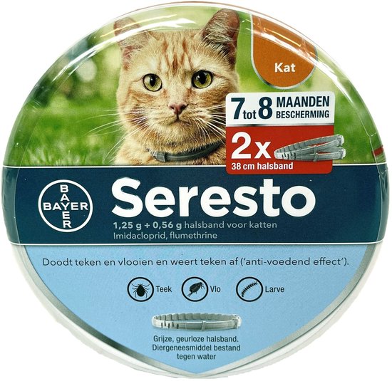 Seresto 1,25 g + 0,56 g kattenhalsband voor katten, 38 cm. Oranje kat met groene achtergrond, 7 tot 8 maanden bescherming.