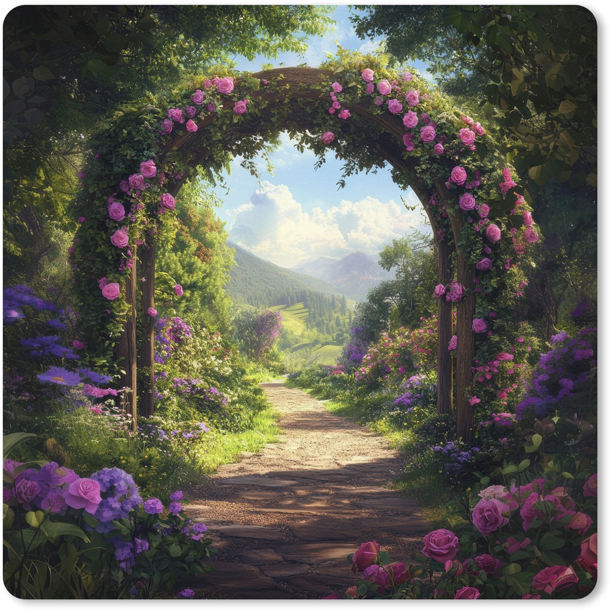 Muismat XXL 50x50 cm - Bureau onderlegger - Bureau mat Doorkijk - Rozenboog - Uitzicht - Landschap - Bloemen - Bureaumat - Gaming mousepad xl - Bureaulegger groot - Computer deskmat