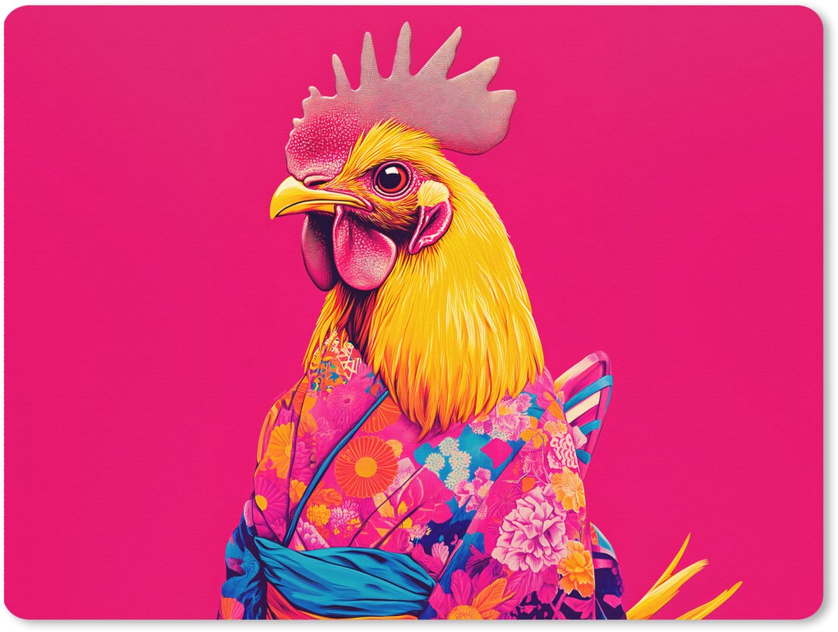 Muismat XXL 80x60 cm - Bureau onderlegger - Bureau mat Haan - Kleurrijk - Kimono - Roze - Bureaumat - Gaming mousepad xl - Bureaulegger groot - Computer deskmat