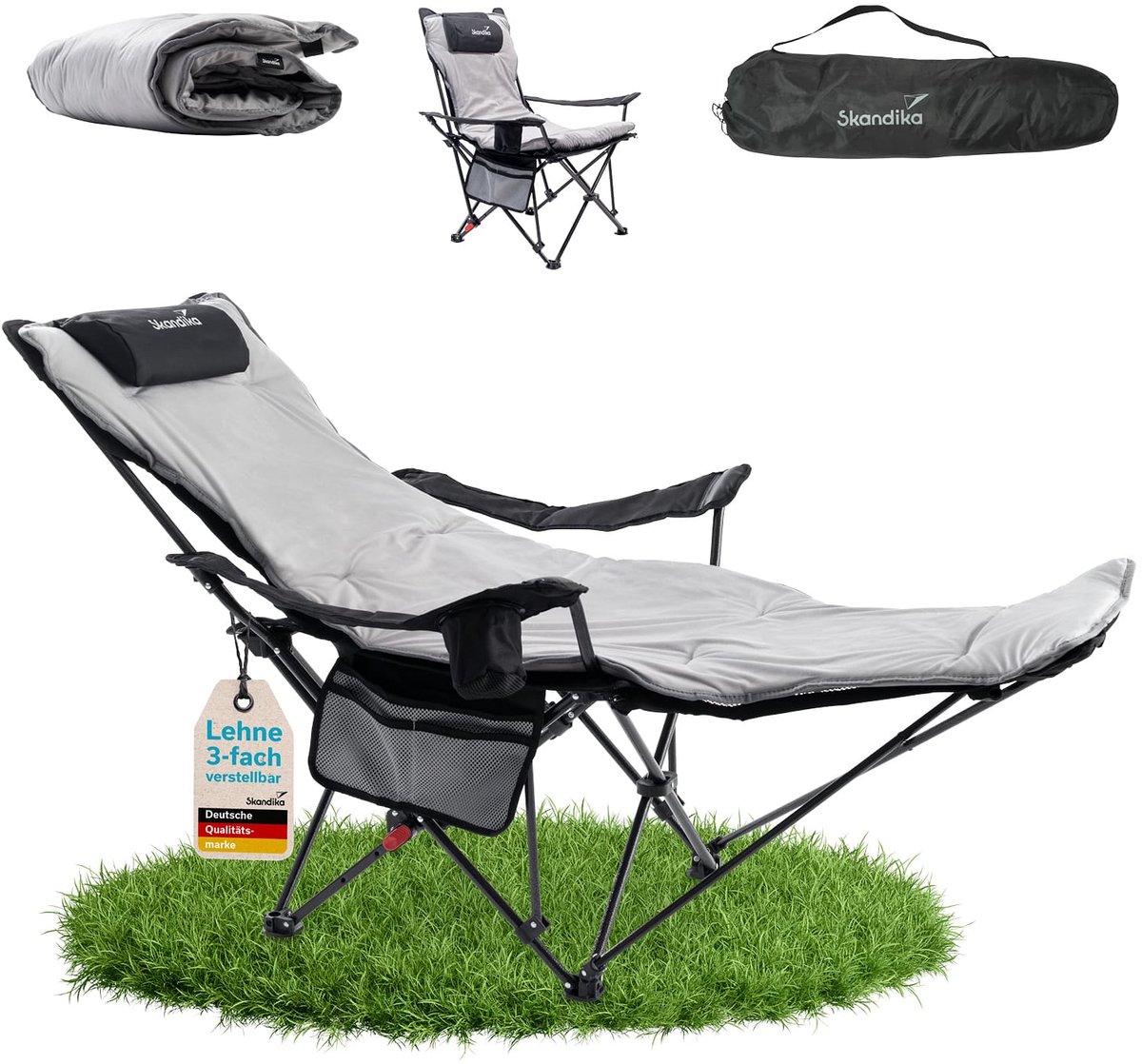 Skandika campingstoel met voetensteun Toras - 2-in-1 ligfunctie, opvouwbare ligstoel, warme bekleding, verstelbare rugleuning, licht, klapstoel met bekerhouder, campingstoel opvouwbaar