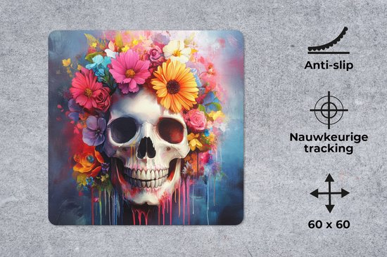 Muismat XXL 60x60 cm - Bureau onderlegger - Bureau mat Schedel - Bloemen - Doodshoofd - Kleurrijk - Bureaumat - Gaming mousepad xl - Bureaulegger groot - Computer deskmat