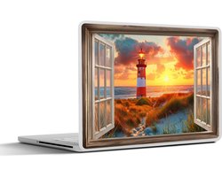 Laptop sticker - 15.6 inch - Doorkijk - Raam - Vuurtoren - Zonsondergang - Strand - 36x27,5cm - Laptopstickers - Laptop skin - Cover