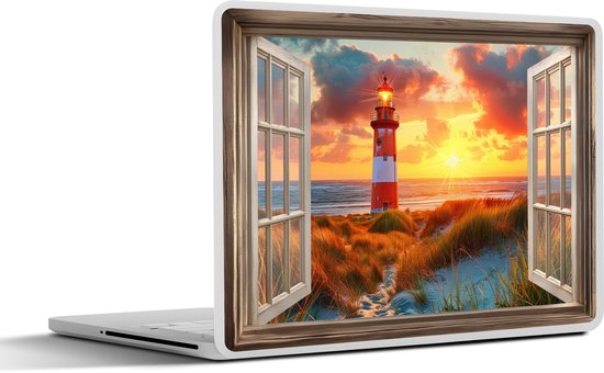 Laptop sticker - 15.6 inch - Doorkijk - Raam - Vuurtoren - Zonsondergang - Strand - 36x27,5cm - Laptopstickers - Laptop skin - Cover