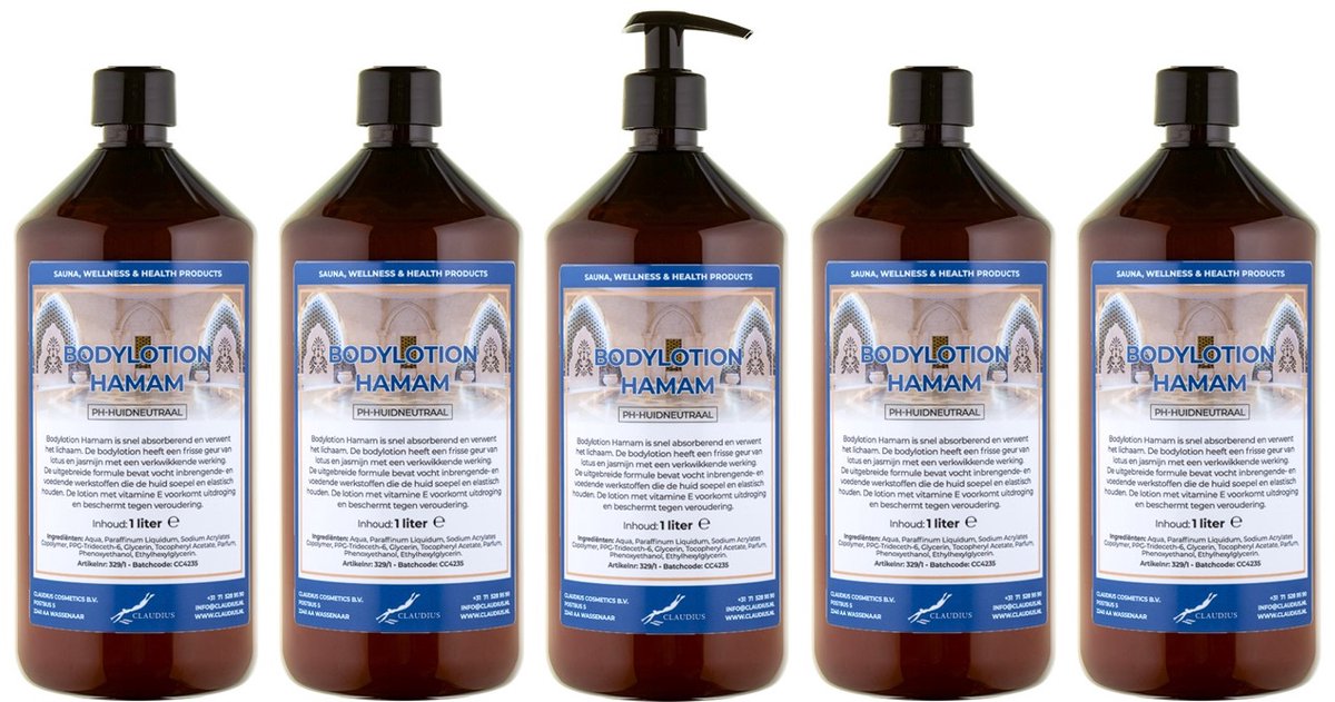 Bodylotion Hamam 1 Liter - met gratis pomp - set van 5 stuks - Voordeelverpakking