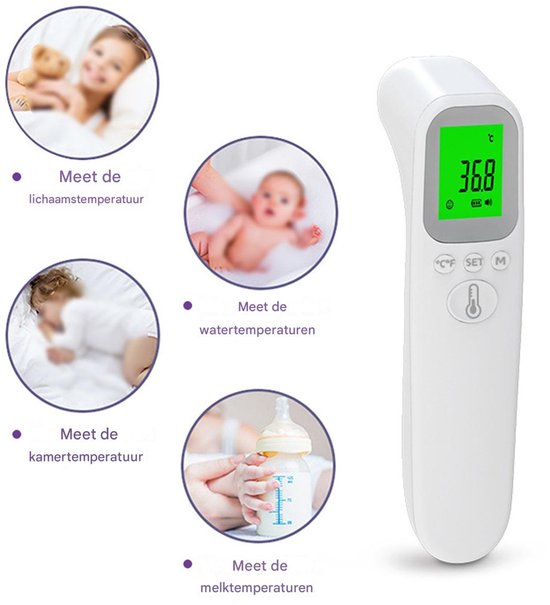 Witte thermometer met groen LCD-scherm dat 36.8°C aangeeft, met vier cirkelvormige afbeeldingen die meten van lichaam, water, kamer en melk.