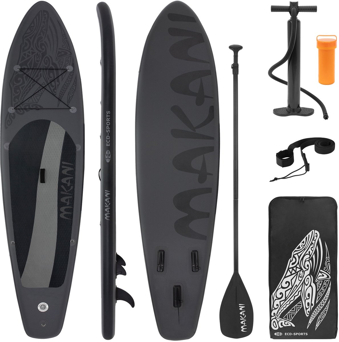 Bol.com Opblaasbare Stand Up Paddle Board Makani Zwart, 320x82x15 cm, incl. pomp en draagtas, gemaakt van PVC en EVA aanbieding