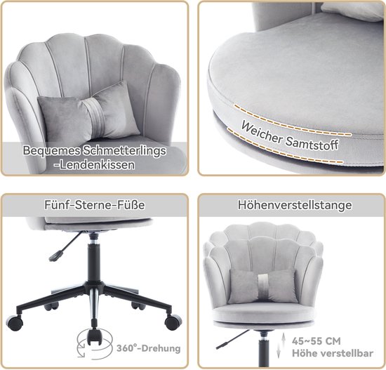 Chaise de bureau - chaise de maquillage - ergonomique - chaise en velours avec dossier en pétales - réglable en hauteur - chaise pivotante à roulettes - Grijs