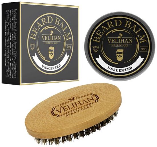 Unscented baardbalsem potje, doosje en houten baardborstel van Velihan Beardcare.