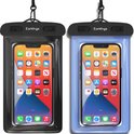Twee EarKings telefoonhoesjes, één zwart en één lichtblauw, met een smartphone met apps erop.