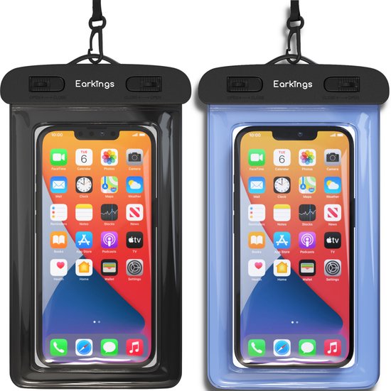 Twee EarKings telefoonhoesjes, één zwart en één lichtblauw, met een smartphone met apps erop.
