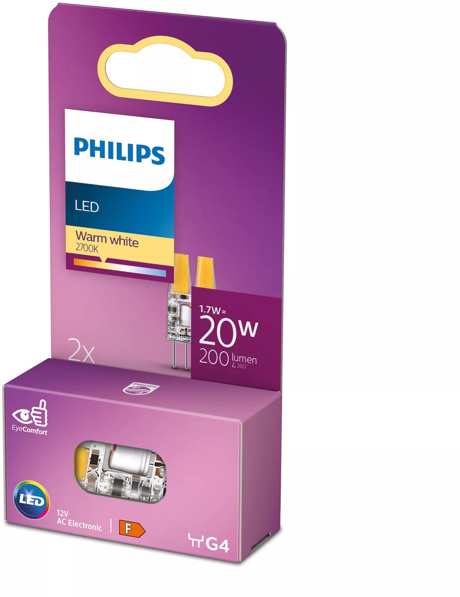 Energiezuinige Philips LED Capsule Transparant - 20 W - G4 - warmwit licht - 2 stuks - Bespaar op energiekosten