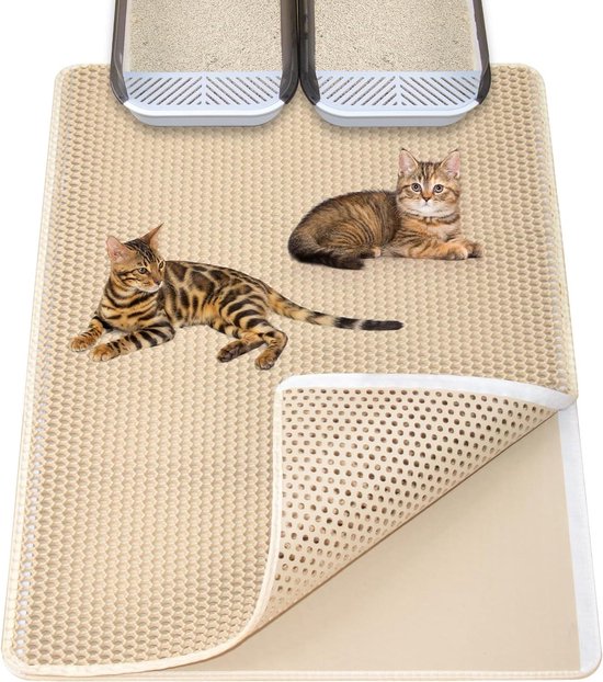 Kattenbakmat, 60 x 45 cm, met klittenbandsluiting en groot gat, kattenbakmat, dubbel waterdicht en antislip, kattenmat, niet-giftig materiaal, kattenbakmat, zwart