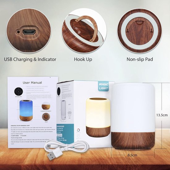 Taipow Nachtlampje Touch Dimbaar, Bedlampje, Tafellamp met 4 USB-A