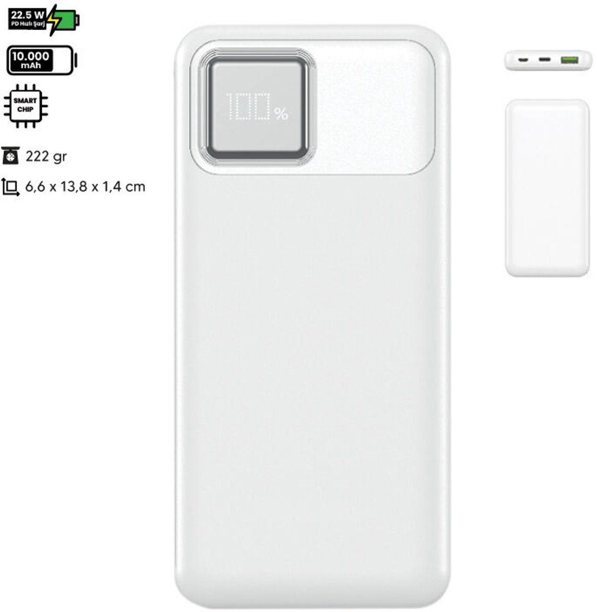 Electrox - Powerbank 10000 mAh - 22.5W Snellaad Functie - USB-A, USB-C & iOS - Universeel voor Smartphones, Tablets & Gadgets - Reis Powerbank - Draagbare Lader - Quick Charge - Wit