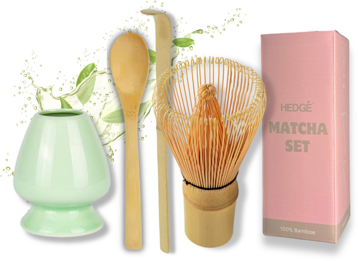 Hedge® Matcha Set - Matcha Klopper - Matcha Thee Set - Matcha Houder - Matcha Starterkit - Matcha Whisk Lepel en Scoop - Matcha Set Roze - Matcha Accessoires - Incl. Gebruiksaanwijzing