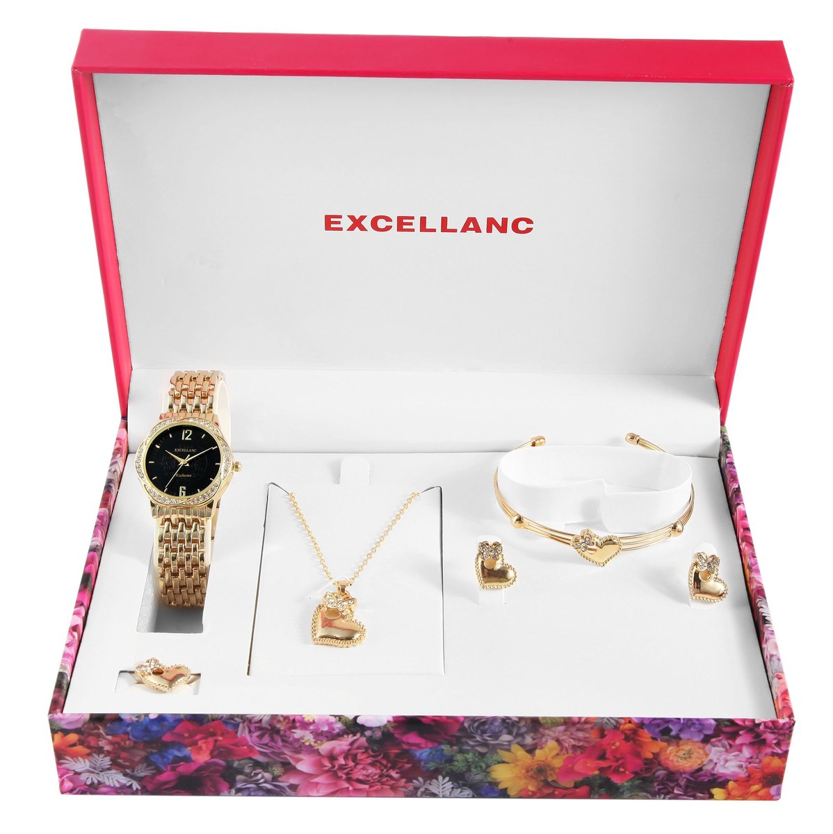 Excellanc dameshorloge geschenkset cadeauset goudkleurig dameshorloge, armband, ketting, oorbellen en ring