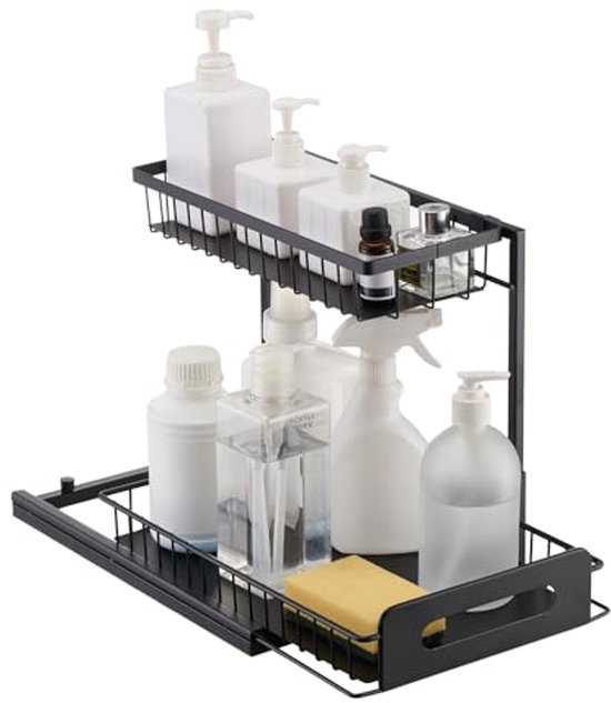 LANTUS Keukenorganizer, opberglade met 2 etages, 2 niveaus, opslag onder de gootsteen, schuifkast organizer, voor keuken, kantoor, zwart, 2 stuks