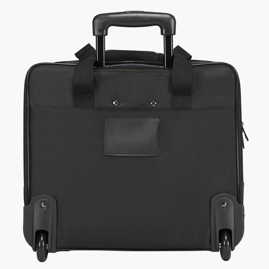Achterkant van een zwarte laptoptrolley met uitschuifbaar handvat en wielen.