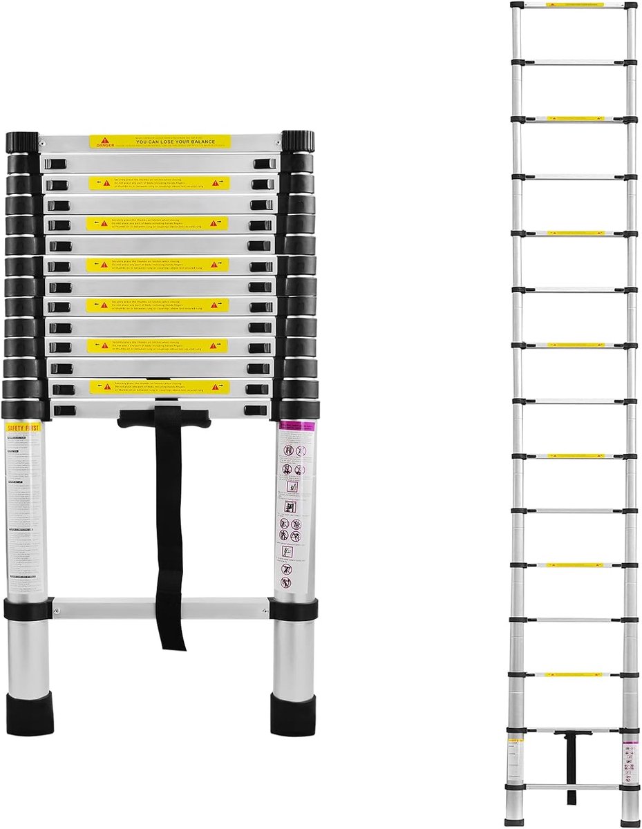 Aufun Aluminium telescopische ladder 4.4 m - Opvouwbaar - Trapladder en uitschuifladder - Multifunctioneel - Leunladder