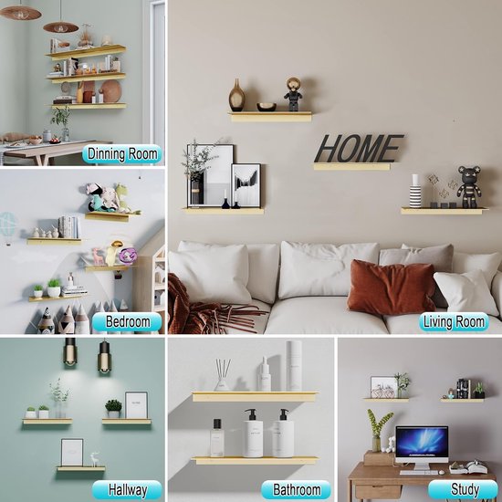 Collage van gouden zwevende planken in verschillende kamers: eetkamer, slaapkamer, woonkamer, gang, badkamer en studeerkamer.