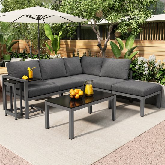 Tuin lounge stoel set - hoek lounge stoel - voor 4-5 personen - met bijzettafel en salontafel - weerbestendige - grijs