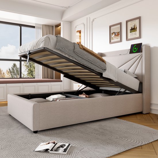 Lit simple rembourré avec espace de rangement sous le lit et tête de lit chargeur USB Type C, lits de rangement cadre de lit en matière lin lit jeune 90x200 avec sommier à lattes (sans matelas) beige