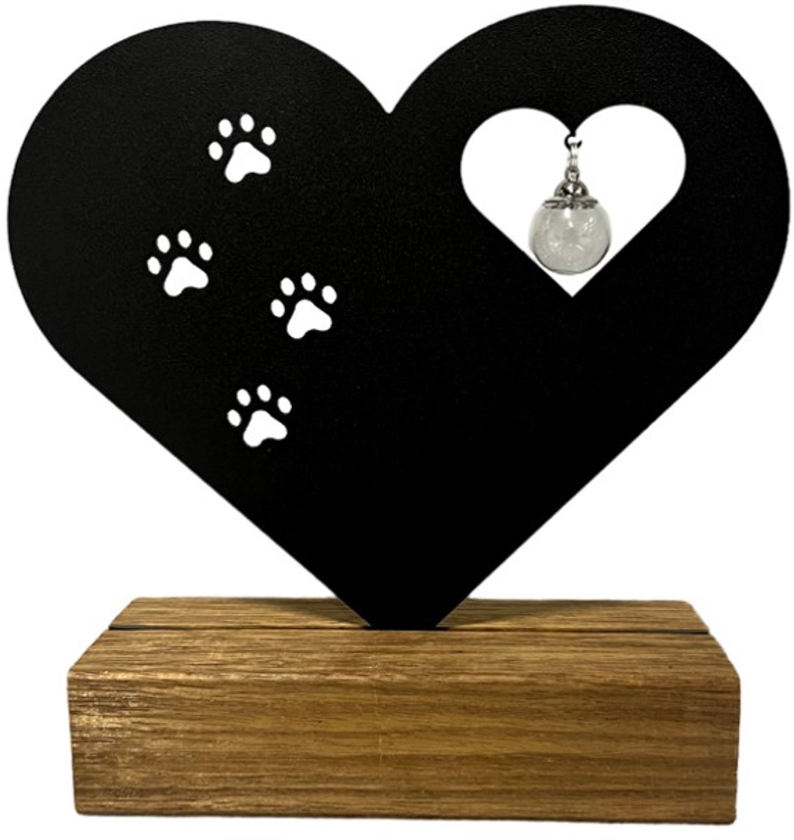 Dierenurn - hart met pootjes van metaal - mét glasbol hanger(voor plukje haar) - 20 cm groot - inhoud aspotje 10ml