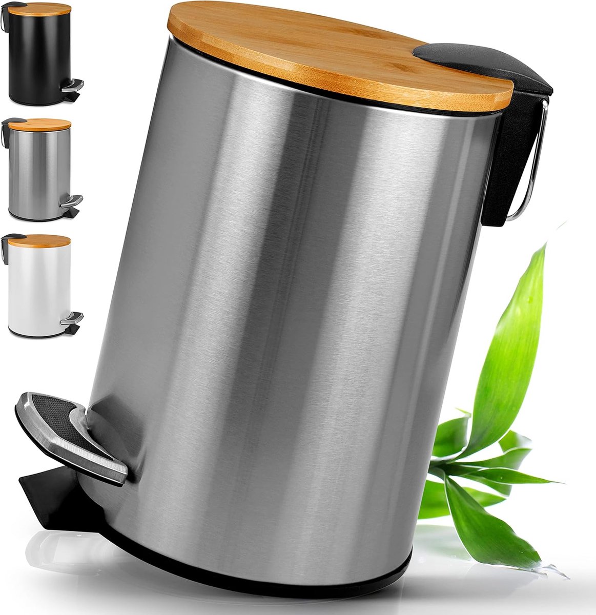 Goedkoopste Cosmetica-emmer met Bamboedeksel - Duurzame Afvalemmer voor Badkamer - 5 Liter Silver