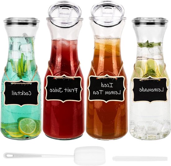 Winter Shore 1 L Glazen Karaf met Dop [2 Pak] - Glazen Water Pitcher Set met Acryl Doppen, Krijtbord Labels & Witte Markeerstift - Doorzichtig Voedselveilige Sapcontainer voor Mimisa Bar, Drank