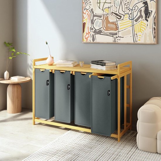 XMHome Wasmand van 198 liter, 4 vakken met eenlaags rek, robuust bamboemateriaal, verdikte structuur, moderne wasverzamelaar voor badkamer, slaapkamer en bijkeuken, 102,8 x 41,3 x 77,5 cm, grijs
