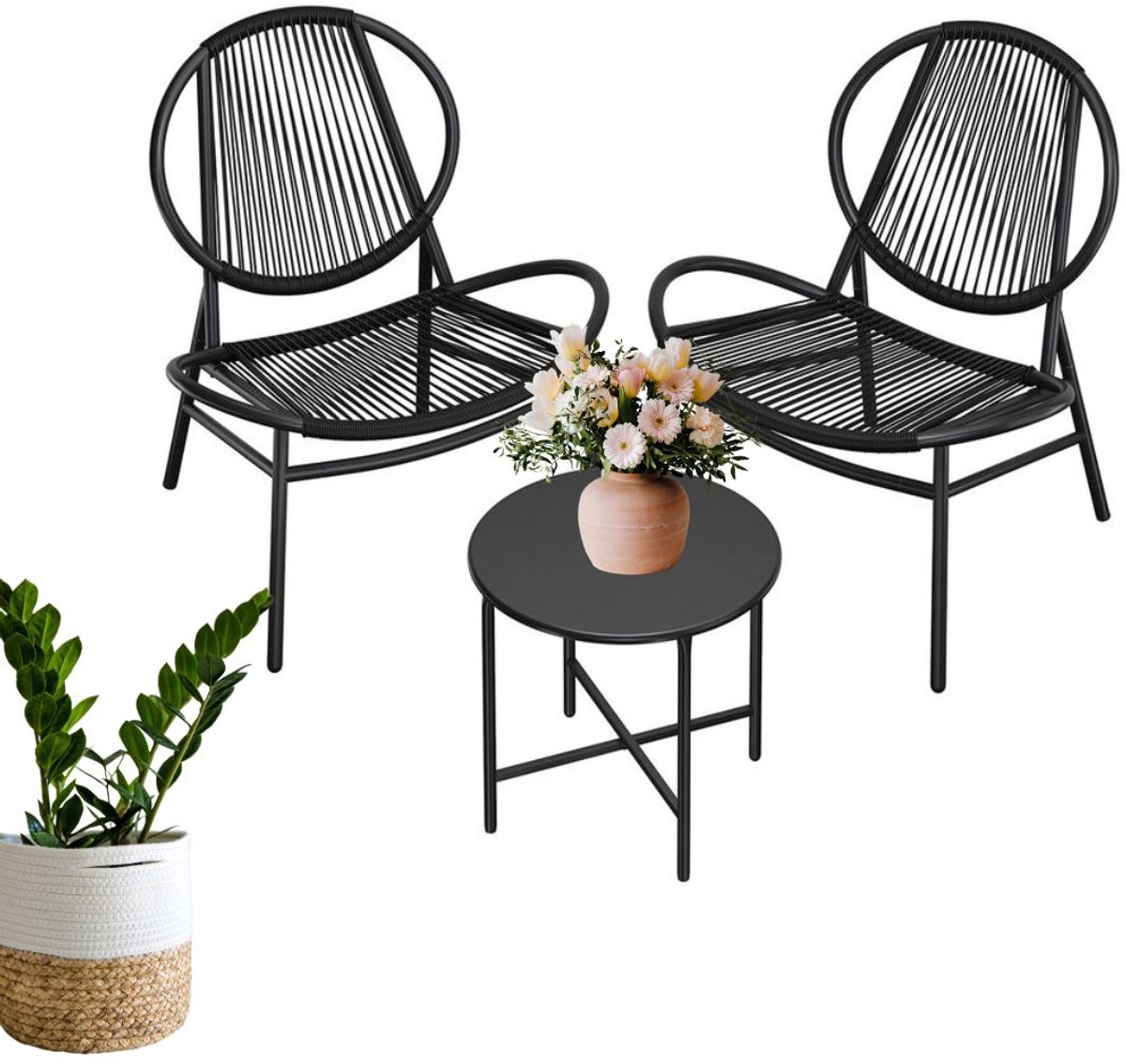Signature Home Balkonmeubelset van 3 - Tuinset PE Polyrattan - Loungesets voor buiten - met tafel en 2 stoelen voor patio - tuin - balkon - tzwart