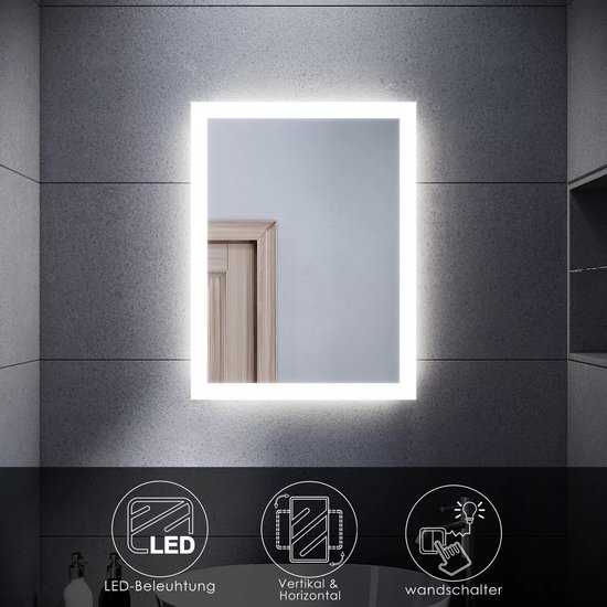 SONNI Badkamerspiegel met verlichting, 60 x 40 cm, led, wandschakelaar, badkamerspiegel, wandspiegel, lichtspiegel, IP44 [Energieklasse E] [Energieklasse E