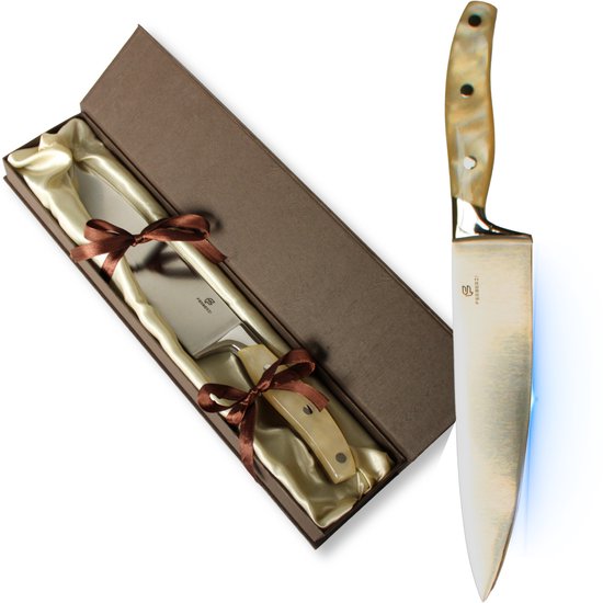 Couteau de chef professionnel Ferberzi - Couteau de chef - 20 cm - Couteau de cuisine - Couteau - Jaune - Coffret cadeau de Luxe - Ergonomique