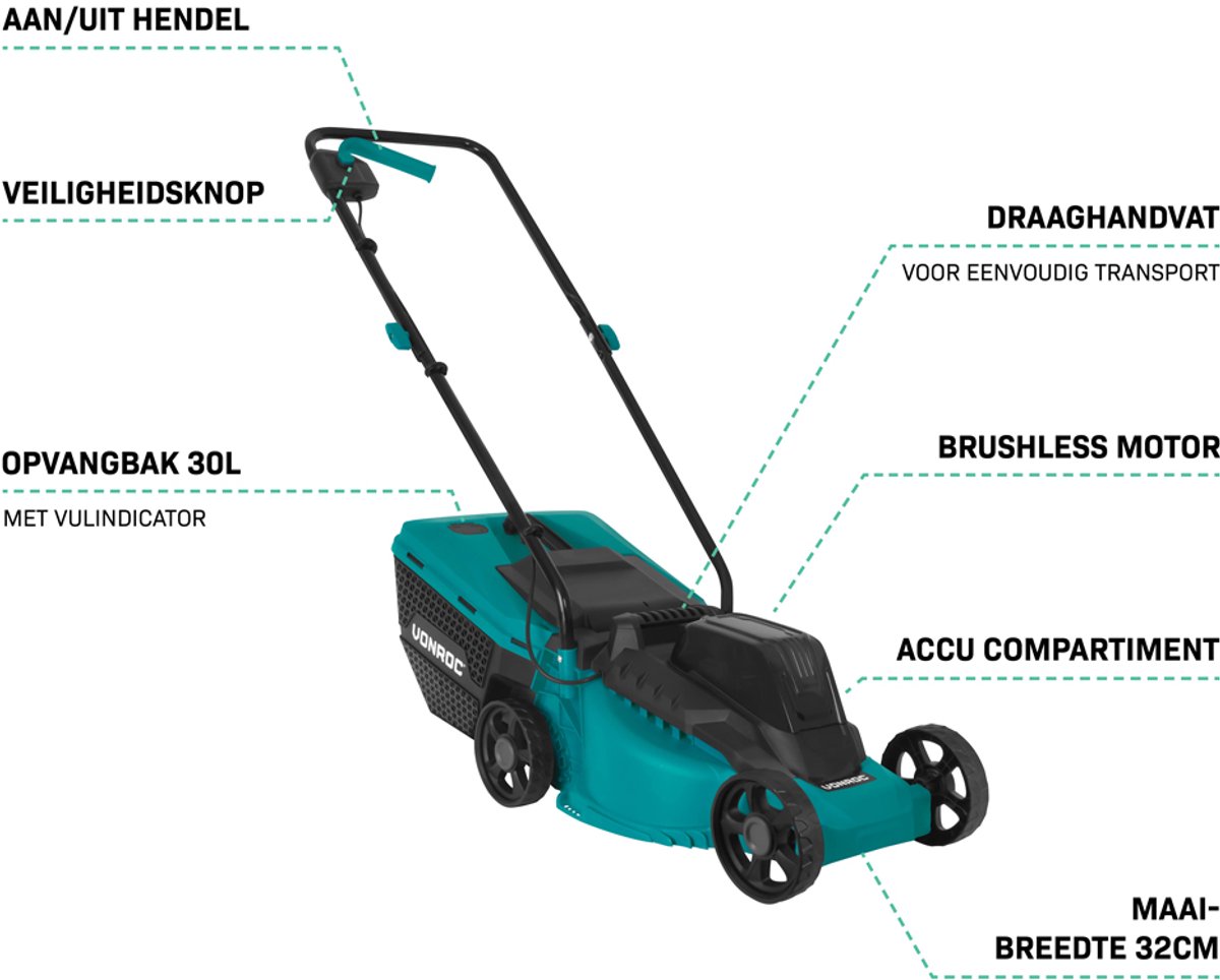 VONROC Accu Grasmaaier 20V – 32 cm maaibreedte - Borstelloze motor - Drie instelbare maai-hoogtes: 30/50/70 mm - Incl. 30L Opvangbak - Incl. 2.0Ah Accu en snellader – foto 4