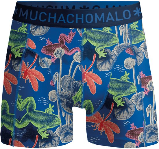 Muchachomalo boxershorts met blauwe achtergrond en print van kikkers, libellen en waterlelies.