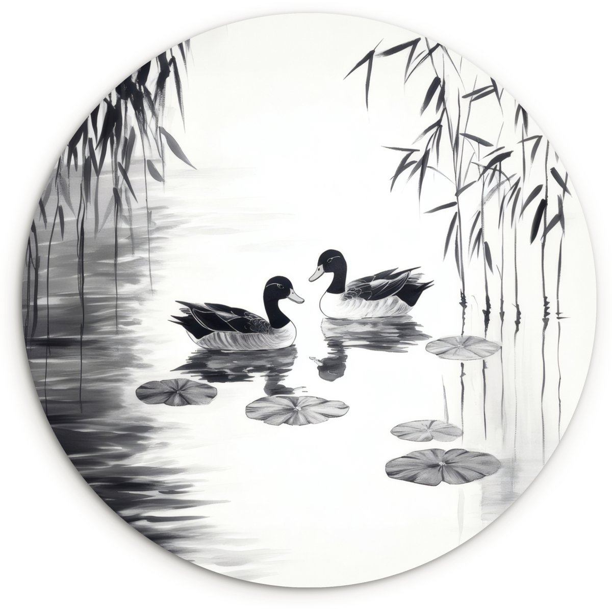 WallCircle Wandcirkel 30x30 cm - Muurcirkel Eenden - Waterlelies - Riet - Zwart - Muurdecoratie woonkamer - Wanddecoratie slaapkamer - Kamer decoratie accessoires - Ronde schilderijen