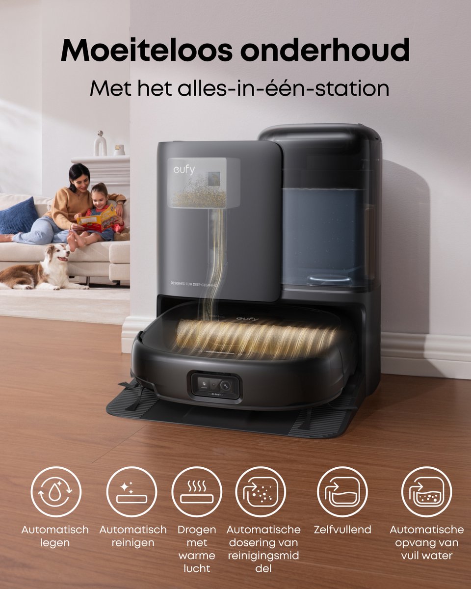 Afbeelding 2 van eufy Robotstofzuiger Omni E25, HydroJet dweilsysteem, 20.000 Pa zuigkracht, DuoSpiral borstels die ontklitten, CornerRover arm voor het schoonmaken van hoeken, alles-in-één station
