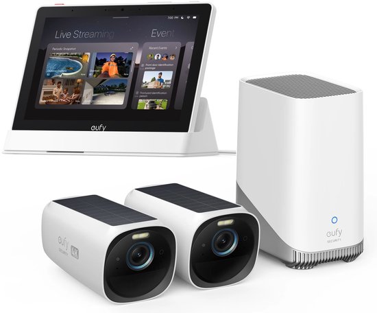 Eufy camera bundel met HomeBase 3 en Smart Display. Twee witte buitencamera's met zonnepanelen, één HomeBase 3 en één wit Smart Display met live streaming.